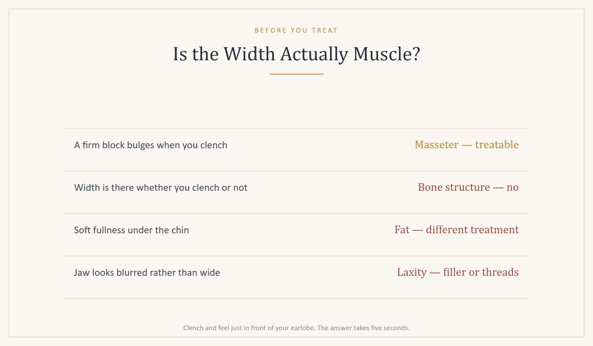 Decision table on whether lower-face width is caused by masseter muscle, bone structure, fat or skin laxity