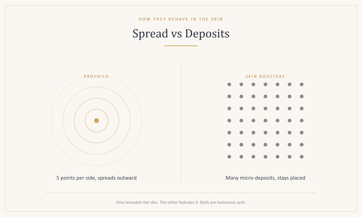 Diagram comparing Profhilo spreading from five injection points against skin booster micro-deposits placed in a grid