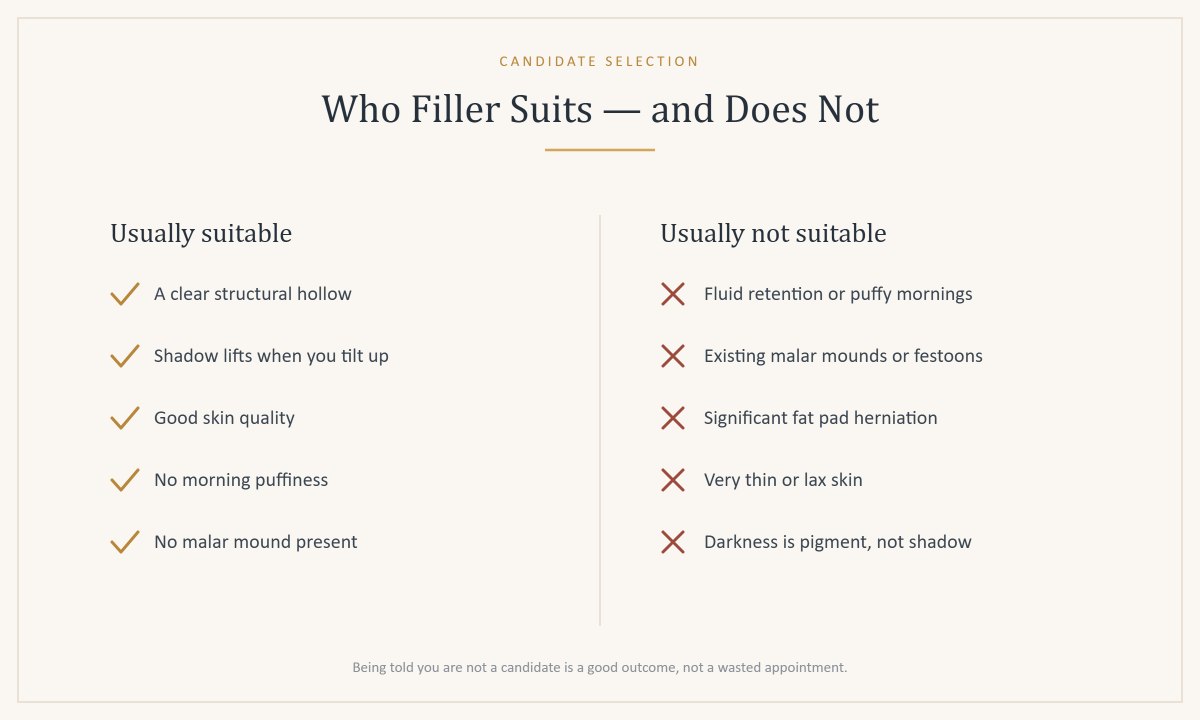 Checklist comparing patients who are usually suitable for under-eye filler against those who are usually not suitable