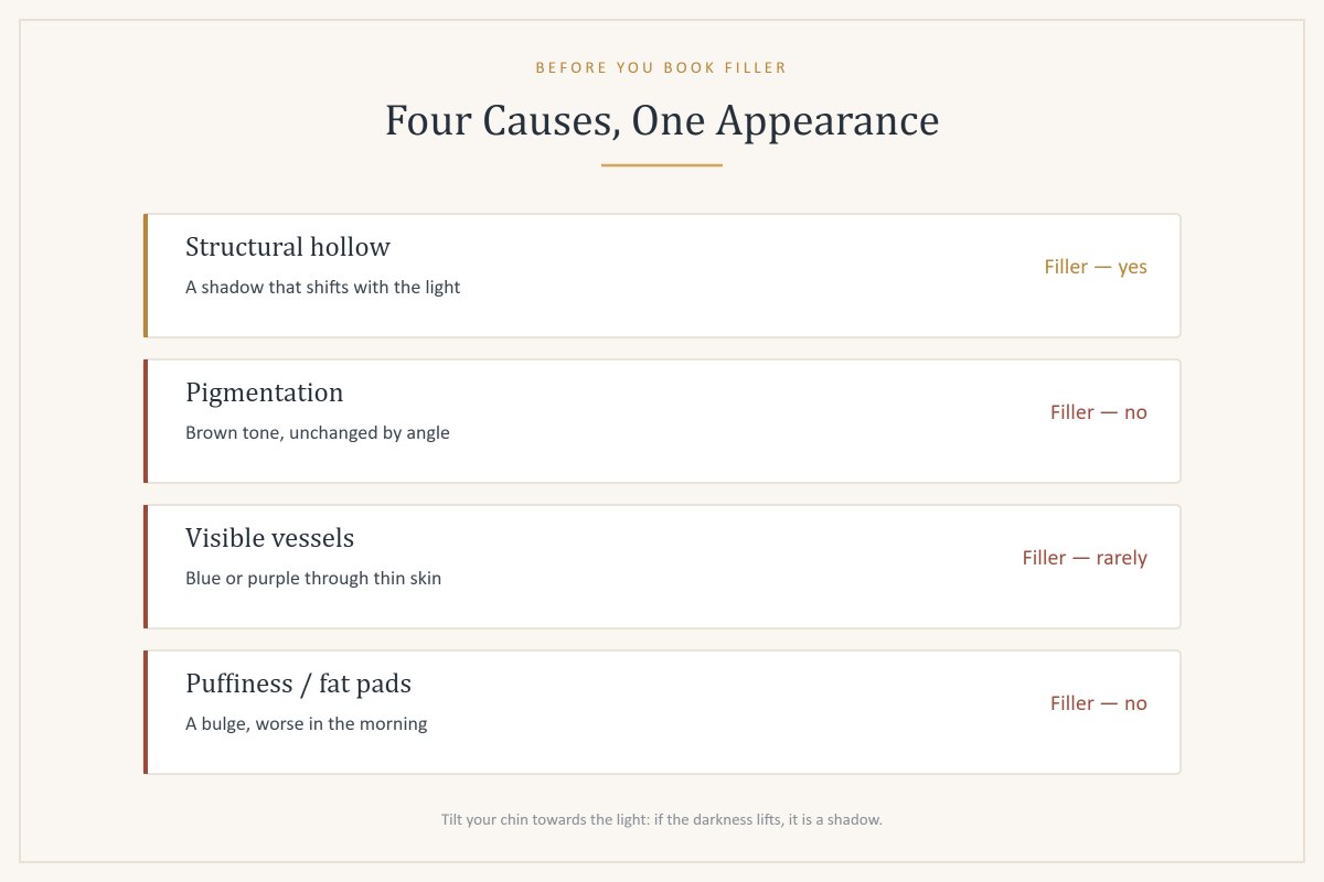 Chart of the four causes of under-eye darkness and whether filler helps in each case
