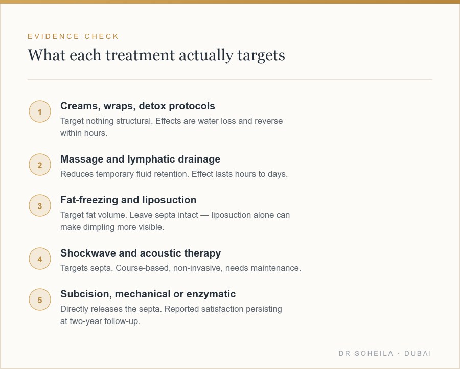 Which cellulite treatments target fat and which target the fibrous septa