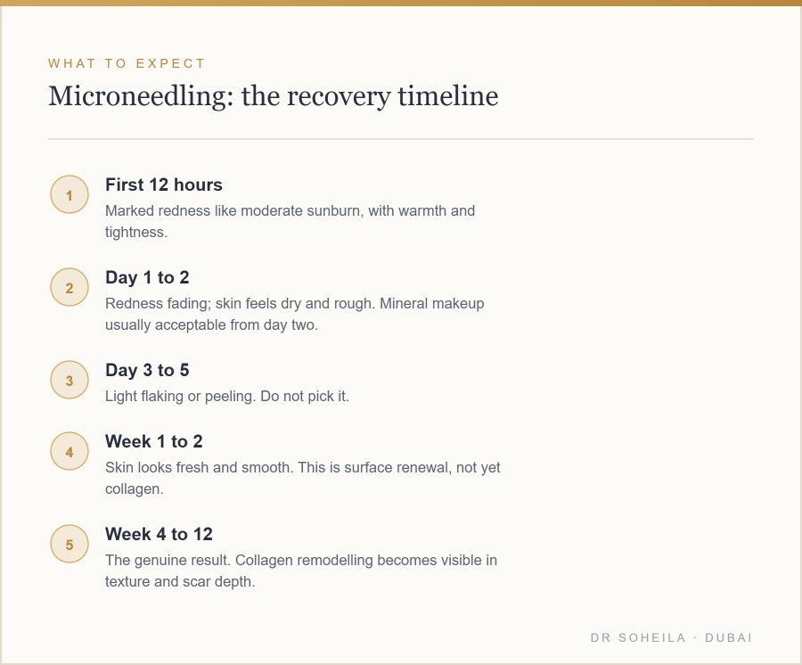 Microneedling recovery timeline from day one to week twelve