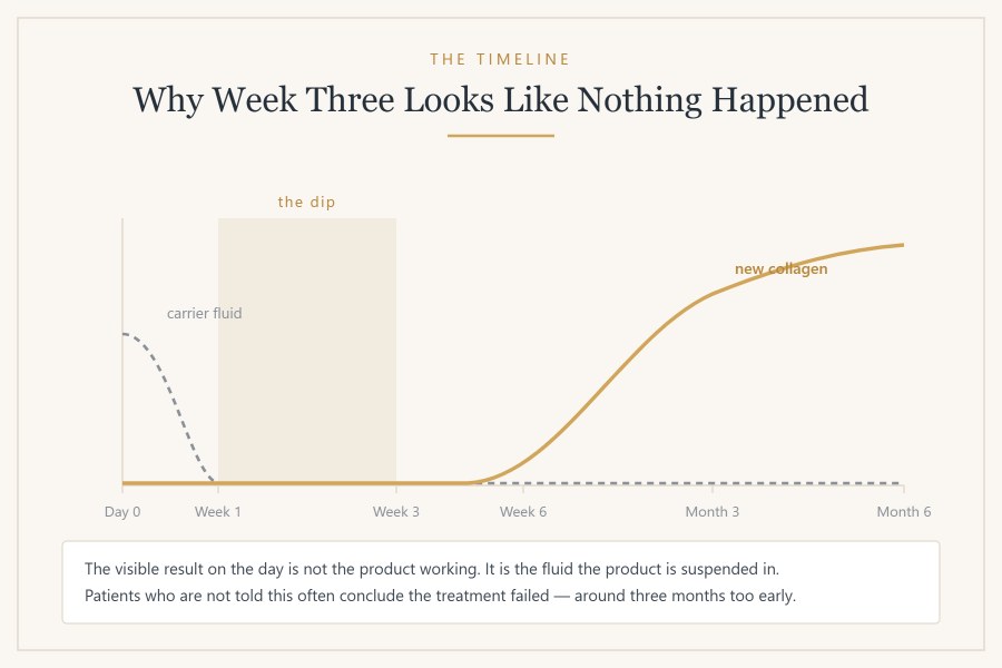 The biostimulator timeline: carrier fluid absorbs before new collagen appears