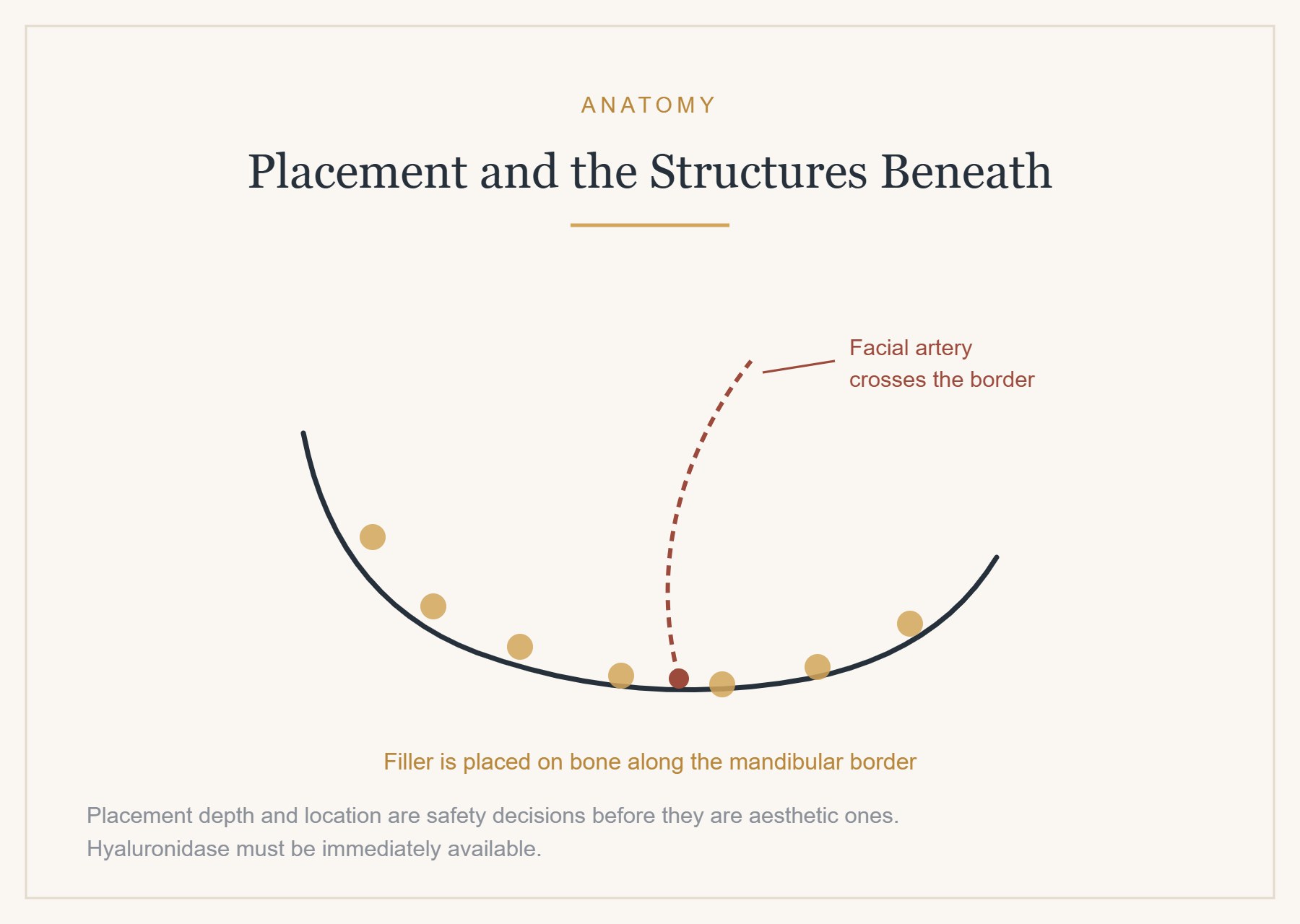 Where jawline filler is placed, and the structures it must avoid