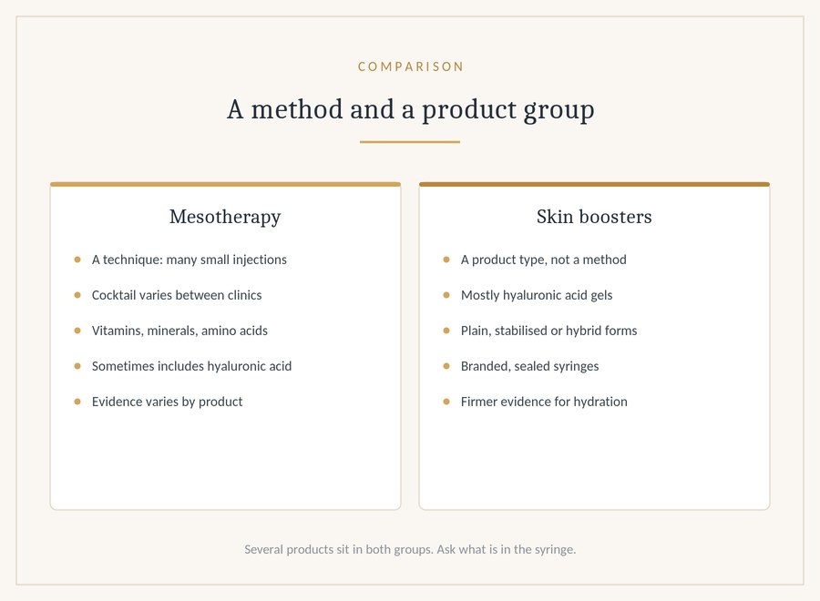 Comparison of mesotherapy as a technique and skin boosters as a product